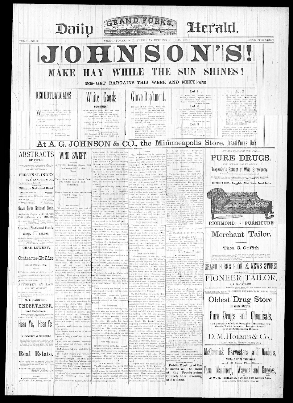 Grand Forks Daily Herald Front Page, June 16, 1887